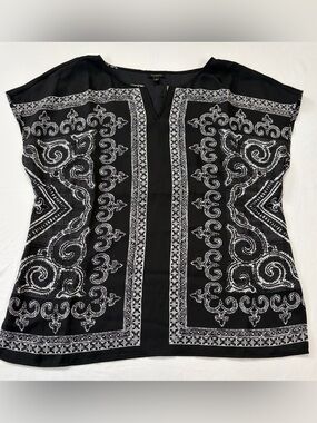 Talbots Black Sheer Top with White Embroidered Panel Detail Medium